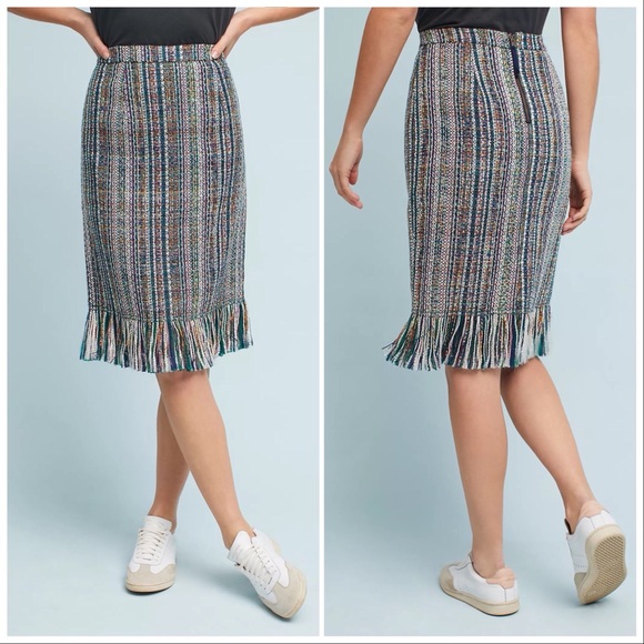 Anthro Maeve Multicolor Fringed Tweed Pencil Skirt - Picture 3 of 13